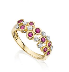Rhapsody in Red 9ct yellow gold diamond and ruby bubble ring 6176YDR
