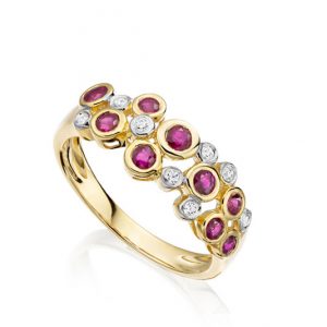 Rhapsody in Red 9ct yellow gold diamond and ruby bubble ring 6176YDR